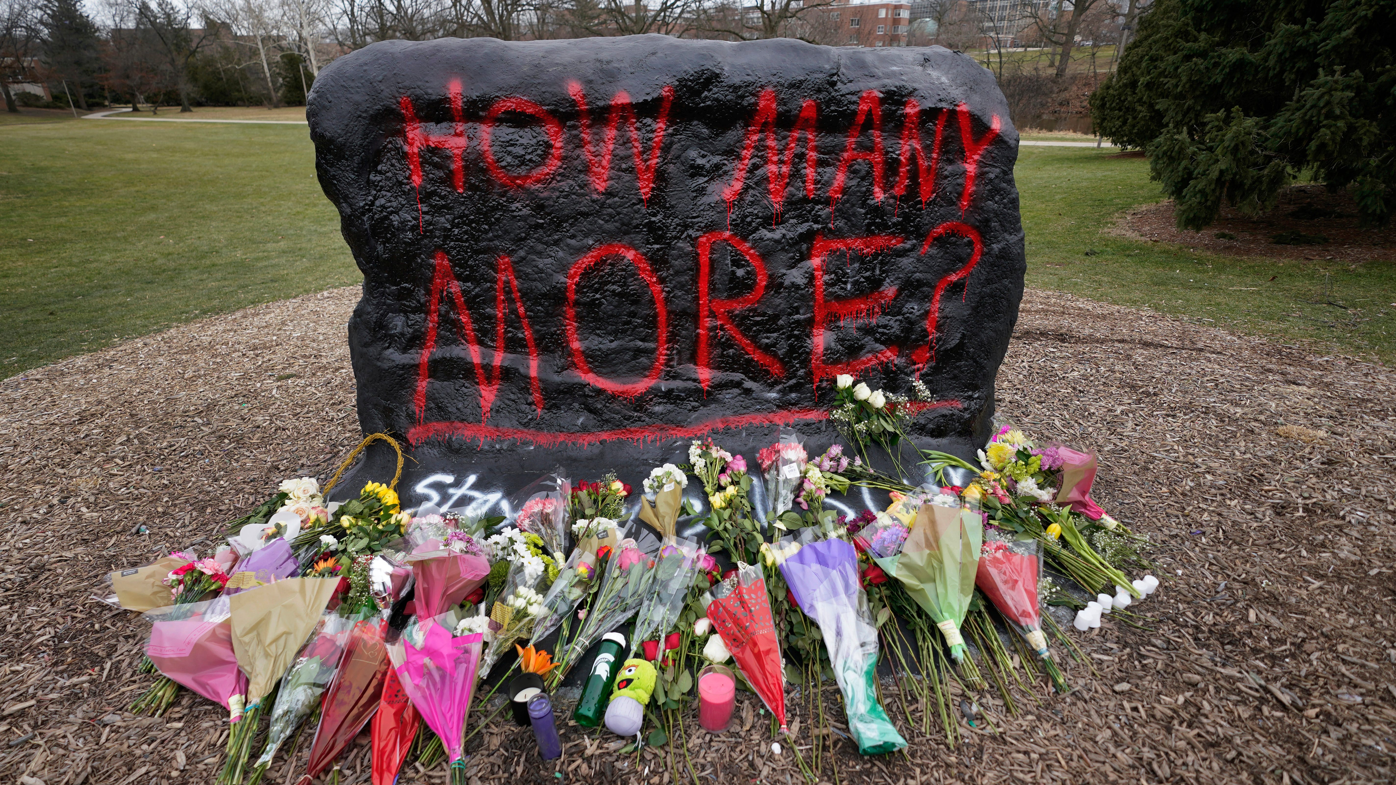 Flowers are displayed at The Rock on the grounds of Michigan State University, in East Lansing, Michigan.