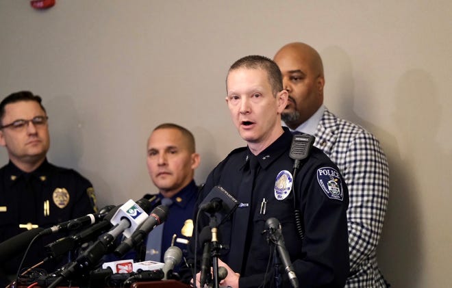 Michigan State Police Department's interim Deputy Chief Chris Rozman speaks to the media Thursday, Feb. 16, 2023, regarding the mass shooting that occurred on campus Monday night.