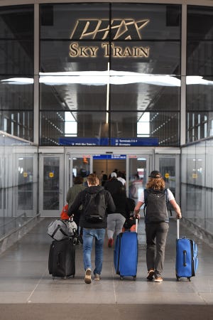 The PHX Sky Train Rental Car Center Station at Phoenix Sky Harbor International Airport. The Sky Train connects the Rental Car Center to Terminal 3 and Terminal 4.