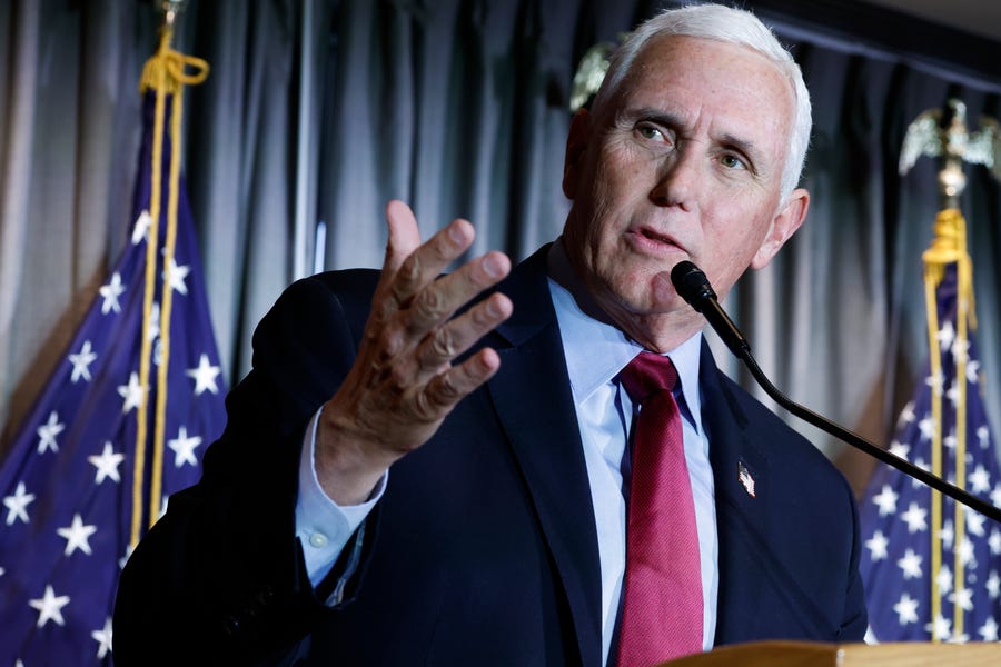 Former Vice President Mike Pence gives remarks at the Calvin Coolidge Foundationâ€™s conference at the Library of Congress on February 16, 2023 in Washington, DC. During his remarks, Pence spoke on a range of topics including the Department of Justice's subpoena for his testimony in their 2020 election subversion investigation.