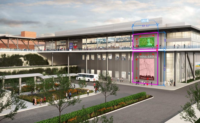 An artist's rendering of the exterior of the Classic Center Arena shows two walls designated for large-scale public art.