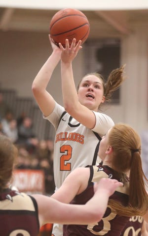 Green's Mallory Oddo puts up a shot in a sectional final vs. Stow, Thursday, Feb. 16, 2023.