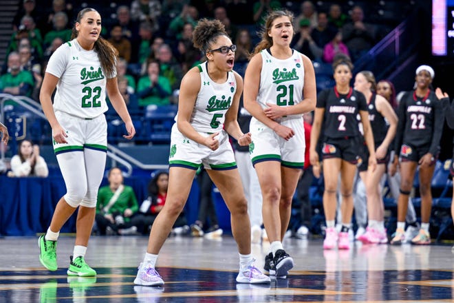 Feb 16, 2023; South Bend, Indiana, USA; Notre Dame Fighting Irish guard Olivia Miles (5) reacts in the second half against the Louisville Cardinals at the Purcell Pavilion. Mandatory Credit: Matt Cashore-USA TODAY Sports