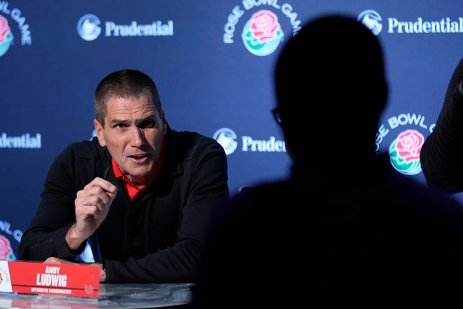 Utah offensive coordinator Andy Ludwig answers questions during a press conference ahead of the Rose Bowl NCAA college football game against Penn State Friday, Dec. 30, 2022, in Los Angeles. (AP Photo/Marcio Jose Sanchez)
