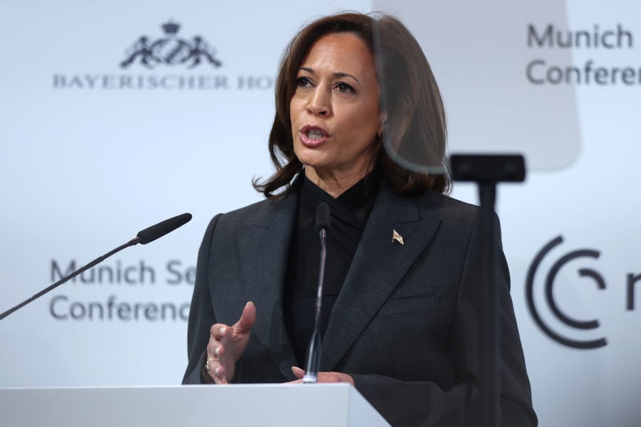 MUNICH, GERMANY - FEBRUARY 18:  US Vice President Kamala Harris speaks during the 2023 Munich Security Conference (MSC) on February 18, 2023 in Munich, Germany. The Munich Security Conference brings together defence leaders and stakeholders from around the world and is taking place February 17-19. Russia's ongoing war in Ukraine is dominating the agenda.