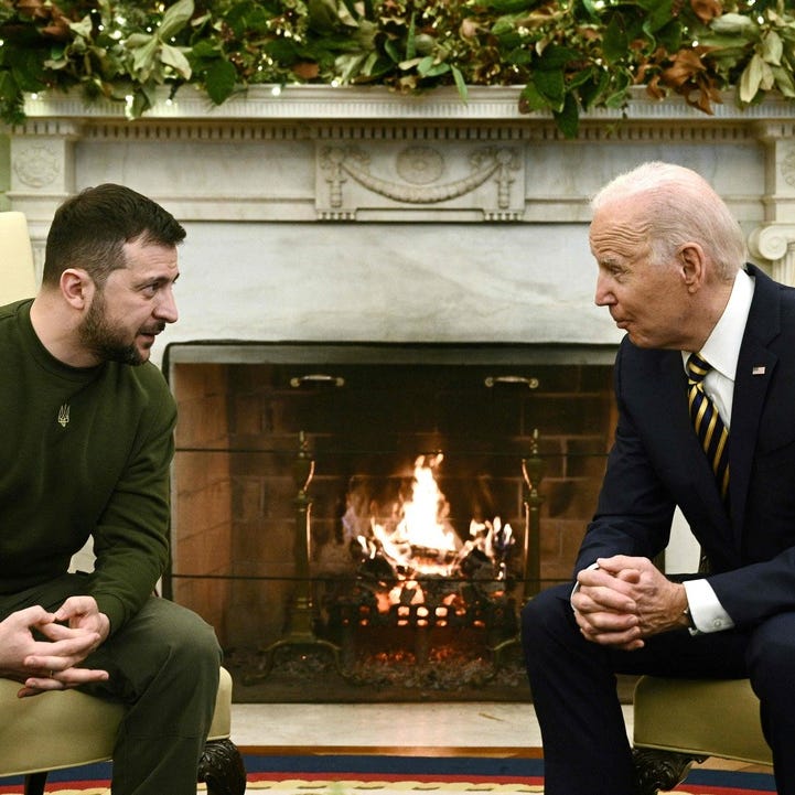 U.S. President Joe Biden and Ukraine's President Volodymyr Zelensky meet in the Oval Office  of the White House, in Washington, DC on December 21, 2022.