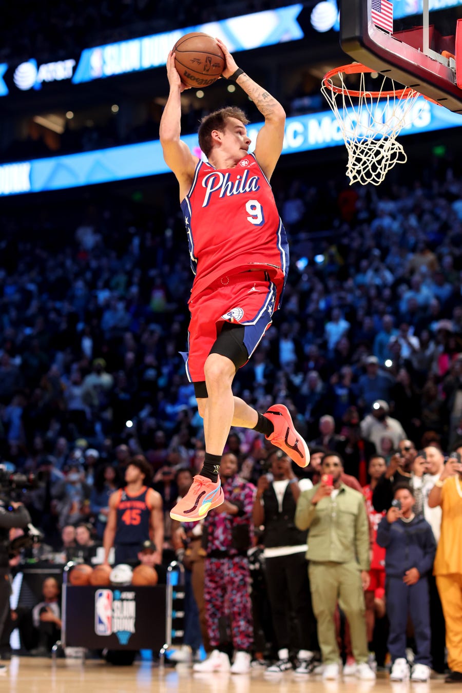 Mac McClung of the Philadelphia 76ers dunks the ball in the 2023 NBA All Star AT&T Slam Dunk Contest at Vivint Arena on February 18, 2023 in Salt Lake City, Utah.