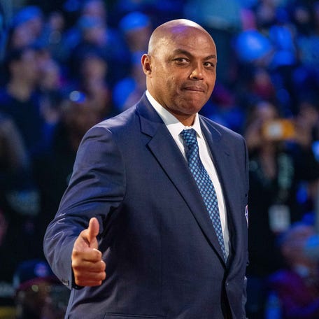 This file photo from Feb. 20, 2022 shows Charles Barkley being honored for being selected to the NBA 75th Anniversary Team during halftime in the 2022 NBA All-Star Game at Rocket Mortgage FieldHouse in Cleveland.