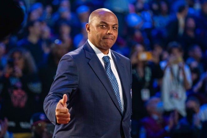 This file photo from Feb. 20, 2022 shows Charles Barkley being honored for being selected to the NBA 75th Anniversary Team during halftime in the 2022 NBA All-Star Game at Rocket Mortgage FieldHouse in Cleveland.
