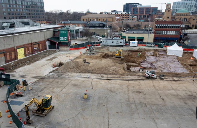 Excavation for the North Market expansion is underway in the former parking lot, seen here Feb. 20, 2023.