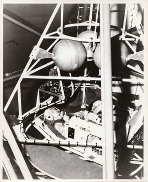 John Glenn prepares for his flight at the NASA Multiple Axis Space Test Inertia Facility in Lewis Center, OH