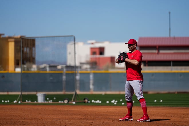 Cincinnati Reds first baseman Joey Votto (19) stands by during a drill at the Cincinnati Reds Player Development Complex in Goodyear, Ariz., on Monday, Feb. 20, 2023.