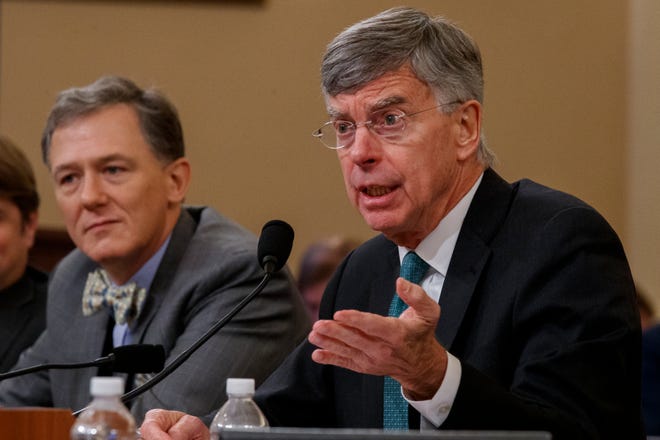 William Taylor, right, the top U.S. diplomat in Ukraine at the time, testifies before the House Intelligence Committee on Capitol Hill in Washington on Wednesday, Nov. 13, 2019, during the first public impeachment hearing of President Donald Trump's efforts to tie aid for Ukraine into investigations of his political opponents. Taylor is serving as the keynote speaker of Colorado State University's International Symposium Feb. 27-March 1.
