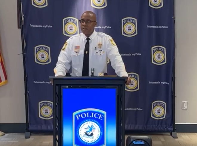 Columbus Police Department Police Chief Freddie Blackmon addresses the media after nine children ages 5 to 17 were shot at a gas station on February 17, 2023.