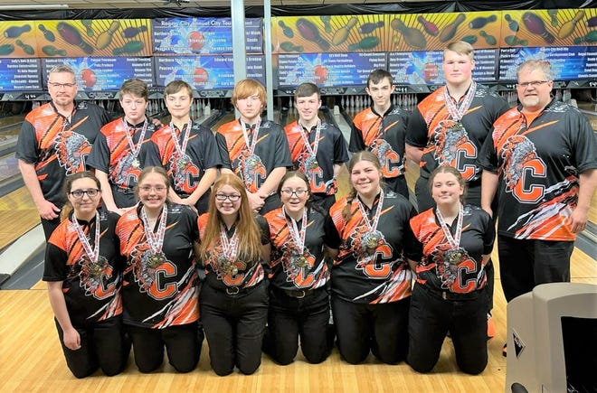 Both the Cheboygan boys and girls bowling teams recently captured Northern Michigan Bowling Conference titles. The Cheboygan girls team consists of Izzy Portman, Izzy Taylor, Jenna Knaffle, Alicia Vieau, Lily McKervey and Ellie Kennedy, while the Cheboygan boys consist of Tommy Jones, Cole Swanberg, Deegan Schoenith, Luke Marsh, Jesse Harbison and Marvin Stokes. The Chiefs are coached by head coach Brian Taylor as well as Don Portman and Tony Webber. Webber is not pictured in this photo.