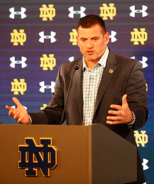 Gerad Parker speaks to media Monday, Feb. 20, 2023, after being named Notre Dame’s new offensive coordinator for the football team by Irish Head Coach Marcus Freeman.
