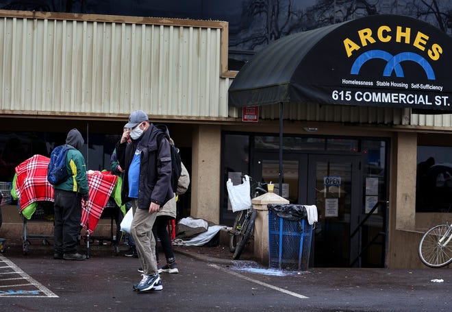 People hang around Salem's ARCHES homeless shelter Jan. 10. The Oregon Legislature is considering a $200 million housing and homelessness assistance package to address needs in both rural and urban areas of the state.