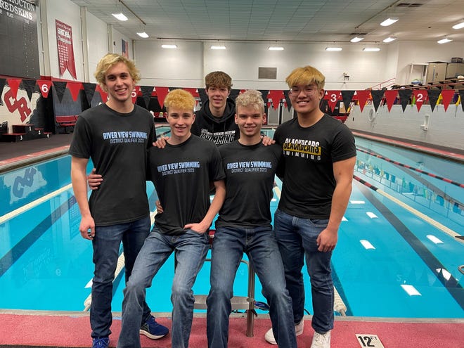 Jesse Shoemaker, Carter Knicely, Colin Addy and Jonathan Vu, with alternate Jamison Adams, are the 200 meter freestyle relay team from River View High School who will be competing Thursday in state competition. Addy also qualified for the 50 meter freestyle.