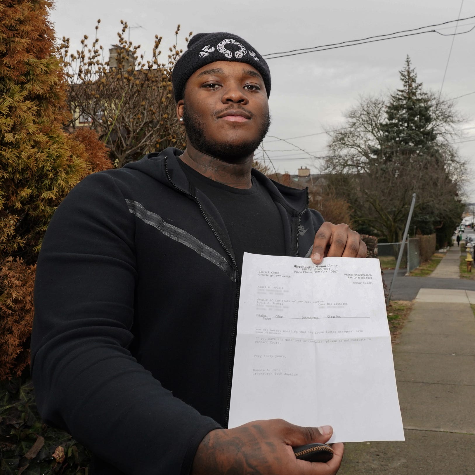 Aaquil Powell photographed outside his New Rochelle home on Friday, Feb. 17, 2023. Powell had a traffic ticket dismissed after pleading guilty to a lesser charge. Sensitive information blurred out.