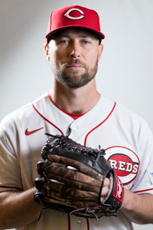 Cincinnati Reds pitcher Hunter Strickland (41) poses for the annual picture day photo at the Cincinnati Reds Player Development Complex in Goodyear, Ariz., on Tuesday, Feb. 21, 2023.