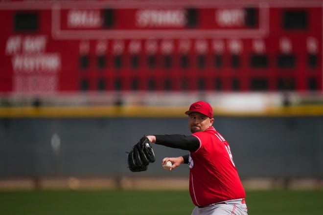 Cincinnati Reds reliever Joel Kuhnel throws a pitch during a live batting practice session at the Cincinnati Reds Player Development Complex in Goodyear, Ariz., on Wednesday, Feb. 22, 2023.