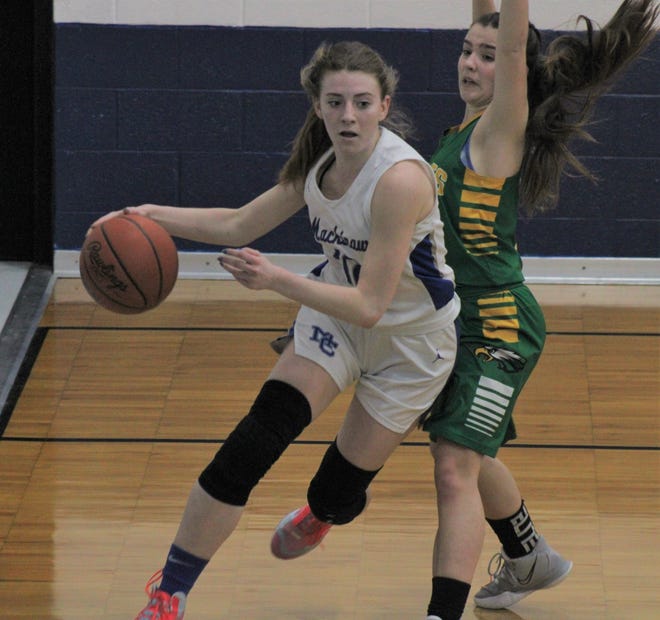 Mackinaw City senior Larissa Huffman (left) drives to the basket during the second quarter of Wednesday night's girls basketball home clash against Engadine.