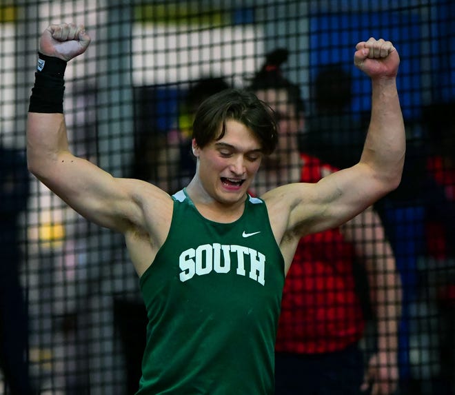 South Hagerstown's Ethan VanMeter celebrates his throw of 50 feet, 9 inches to win the Class 3A shot put during the Maryland Indoor Track and Field Championships.