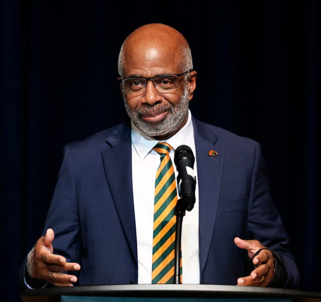 Florida A&M President Larry Robinson delivers the State of the University address on Wednesday Feb 22, 2023.