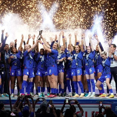 The USWNT celebrates after winning the 2023 SheBelieves Cup.