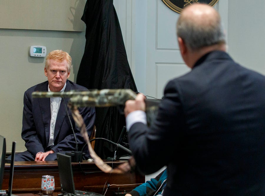 Defense attorney Jim Griffin asks Alex Murdaugh if he killed his wife Maggie Murdaugh and son Paul Murdaugh with the 12-gauge shotgun that is in evidence in Murdaugh's murder trial at the Colleton County Courthouse in Walterboro, Thursday, Feb. 23, 2023.  