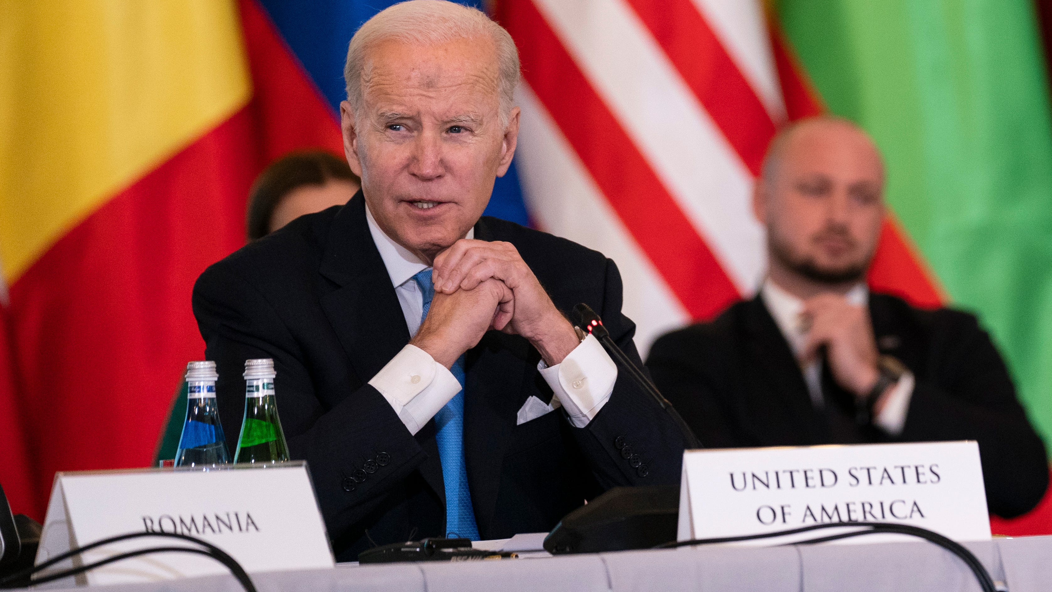 President Joe Biden speaks during a meeting with the leaders of the Bucharest Nine, a group of nine countries that make up the eastern flank of NATO, Wednesday, Feb. 22, 2023, in Warsaw. (AP Photo/ Evan Vucci) ORG XMIT: PLEV112