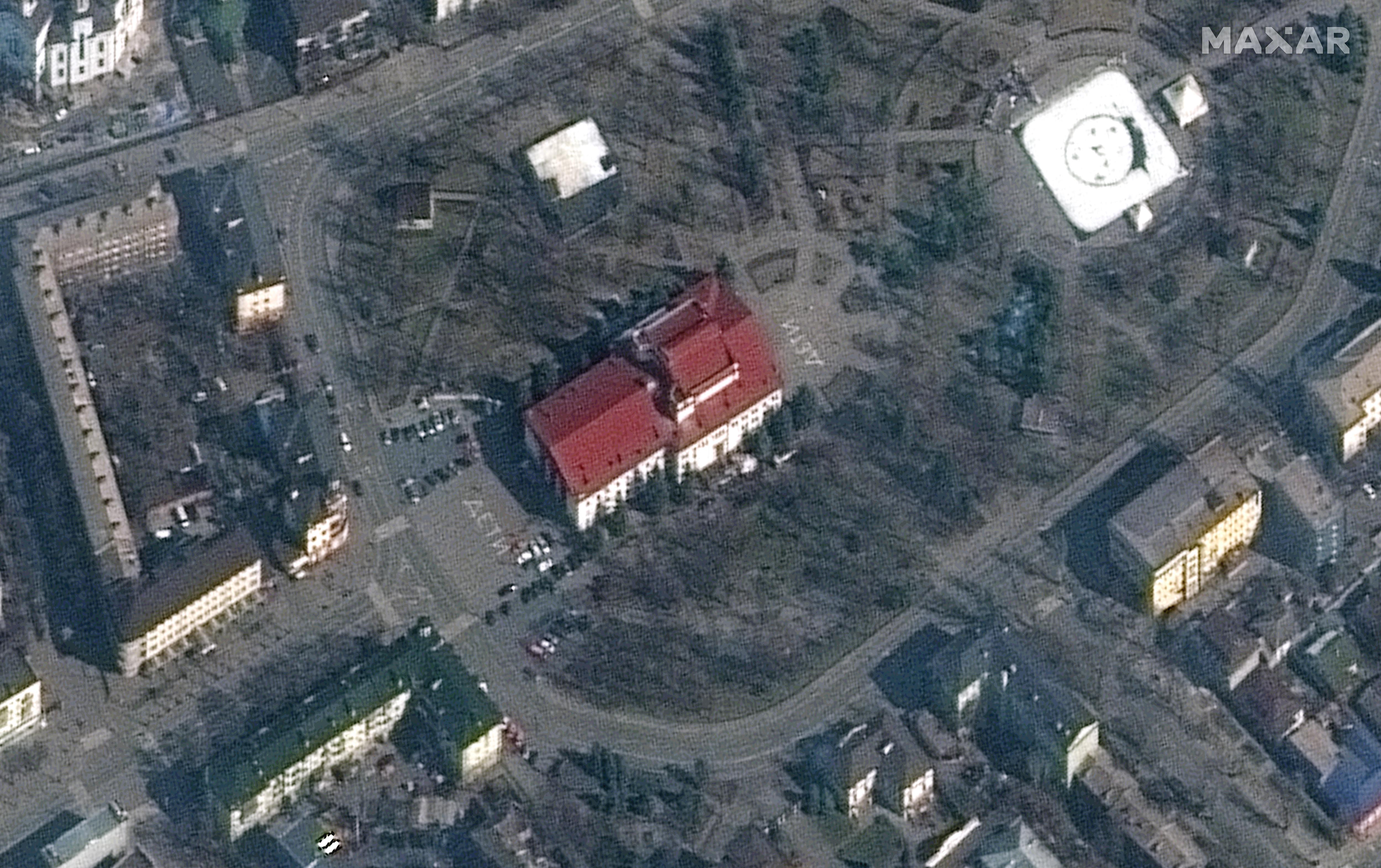 On March 16, 2022 Russia bombed the Mariupol Drama Theater, used as a shelter for  civilians, killing hundreds of people in one of the war’s deadliest attacks. Satellite imagery provided by Maxar showed the Russian word for "children" was written on the ground in front of and behind the theater.