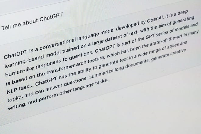 In this image illustration, ChatGPT answers the query, "Tell me about ChatGPT" on a laptop screen.  February 03, 2023