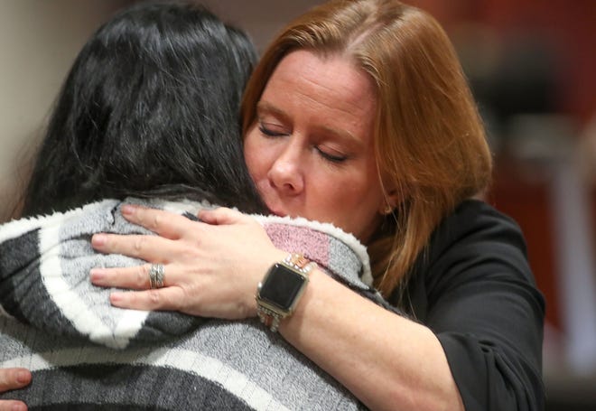 Riverside County prosecutor Samantha Paixao hugs Maria Morales on Friday after a jury recommended the death penalty for Jose Larin-Garcia. He was convicted of killing Morales' daughter, Yuliana Garcia, and three other people.