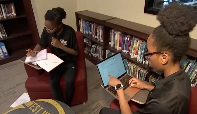 Twins Gloria Guerrier and Victoria Guerrier, graduates of West Hempstead Secondary School. Gloria earned a GPA of 105.3 and was named 2023 valedictorian. Victoria earned a GPA of 104.9 and was named 2023 salutatorian. The pair will be attending Yale University.