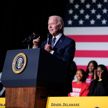 President Joe Biden speaks about student loan debt relief at Delaware State University on Oct. 21, 2022.