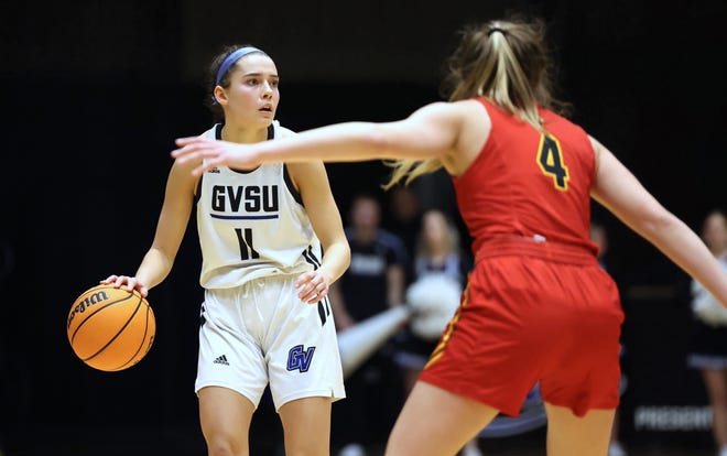 GVSU's Ellie Droste looks to pass on Saturday against Ferris State in Allendale.