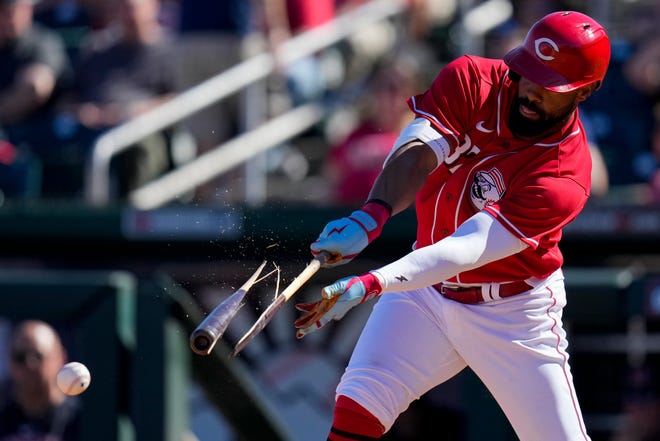 Cincinnati Reds Henry Ramos (87) shatters his bat as he grounds out in the sixth inning of the MLB Cactus League spring training game between the Cincinnati Reds and the Cleveland Guardians at Goodyear Ballpark in Goodyear, Ariz., on Saturday, Feb. 25, 2023.