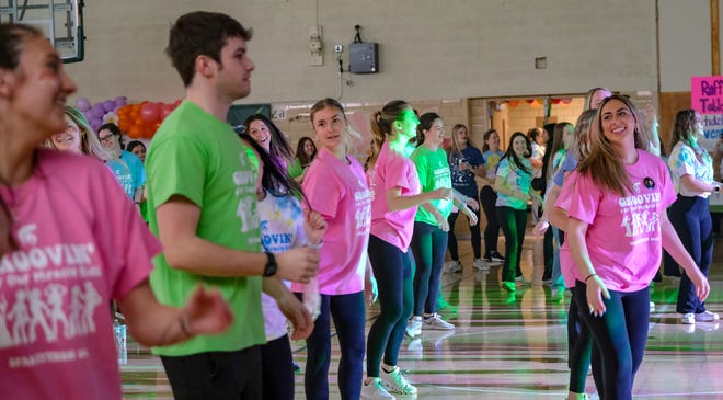 Michigan State students participating in the annual fundraiser Spartython learn a line dance Saturday, Feb. 25. 2023. The ten-hour fundraising event is for the University of Michigan Health at Sparrow for the Children's Center.