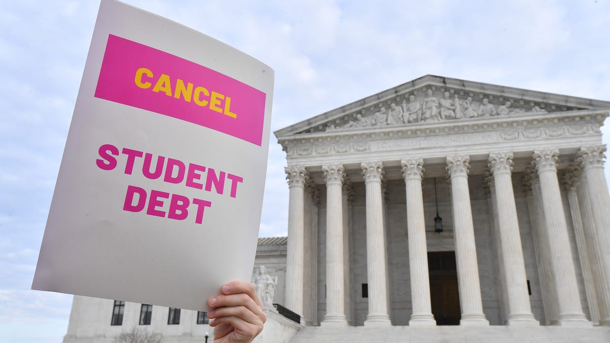 WASHINGTON, DC - JANUARY 02: Student loan borrowers gathered at the Supreme Court today to tell the court that student loan relief is legal on January 02, 2023 in Washington, DC. (Photo by Larry French/Getty Images for We, The 45 Million) ORG XMIT: 775919750 ORIG FILE ID: 1453857125