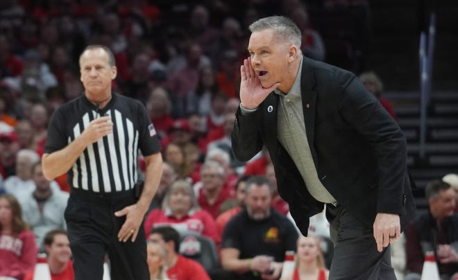 Feb 26, 2023; Columbus, OH, USA; Ohio State Buckeyes head coach Chris Holtmann yells during NCAA basketball game Feb. 26, 2023 at Value City Arena. Mandatory Credit: Doral Chenoweth-The Columbus Dispatch