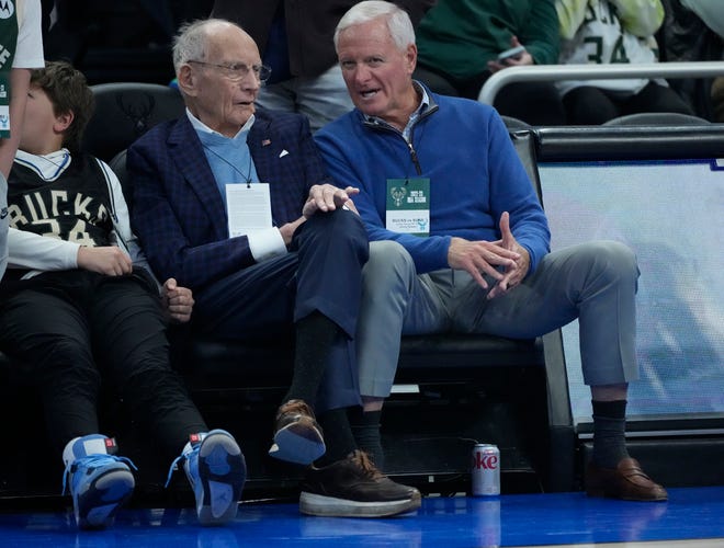 Prospective Bucks buyer Jimmy Haslam (right) watches the Milwaukee Bucks game against the Phoenix Suns during the first half of their game at Fiserv Forum in Milwaukee on Sunday, Feb. 26, 2023. -  Mike De Sisti / The Milwaukee Journal Sentinel

