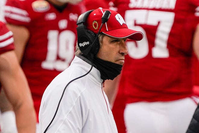 Dec 30, 2020; Charlotte, NC, USA; Wisconsin Badgers associate head coach Joe Rudolph during first quarter action against the Wake Forest Demon Deacons at Bank of America Stadium. Mandatory Credit: Jim Dedmon-USA TODAY Sports