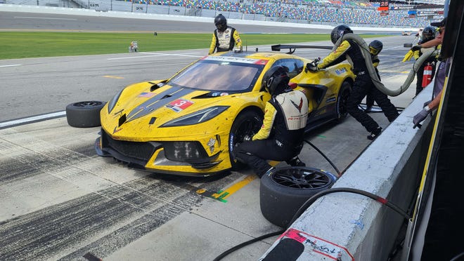 Corvette Racing (pictured here at the 2023 Daytona 24 Hours) will race its C8.R in the GTE AM class at Le Mans. 