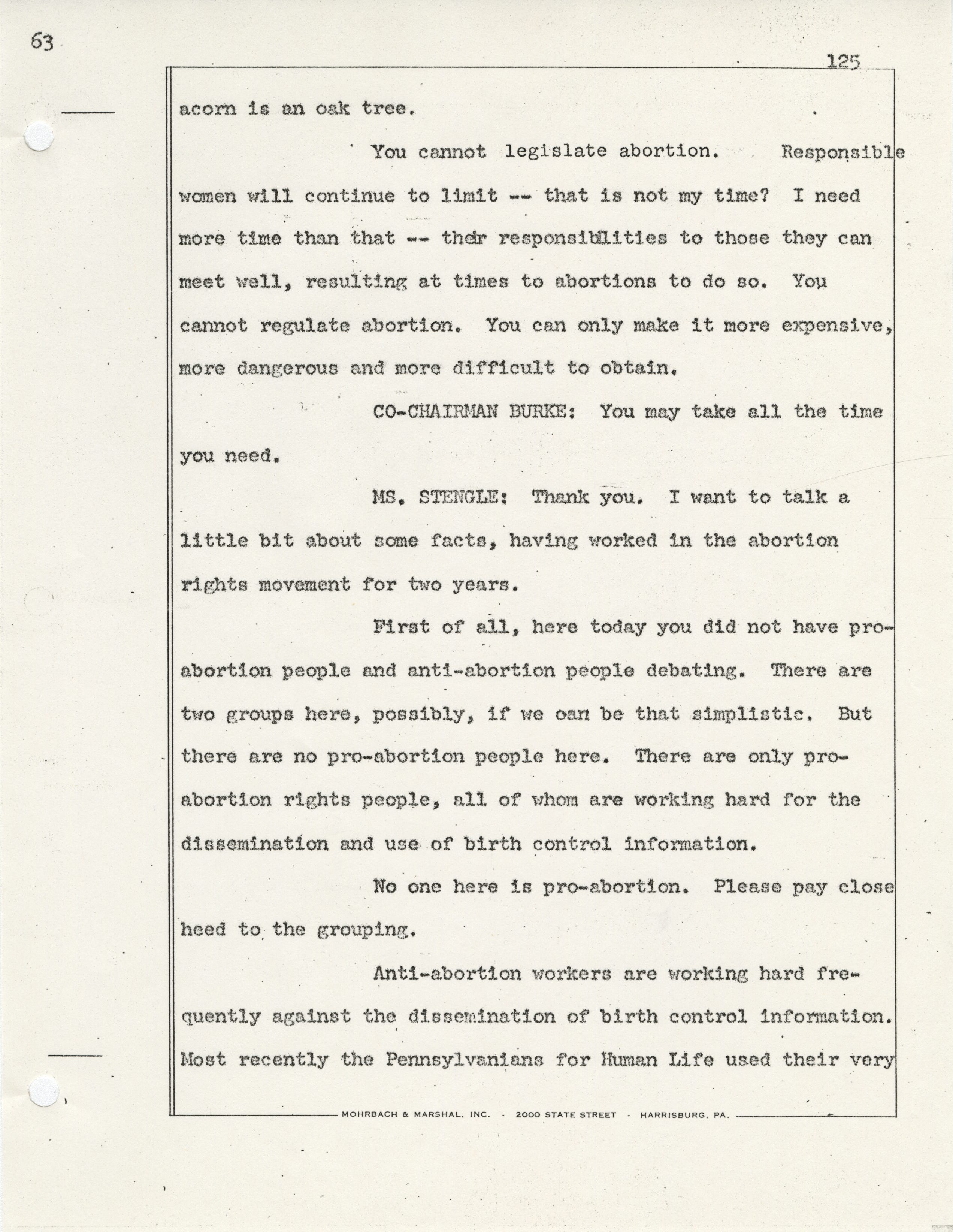 Transcript of Sylvia Stengle's testimony delivered to the Pennsylvania Abortion Law Commission in Harrisburg, Feb. 9. 1972.