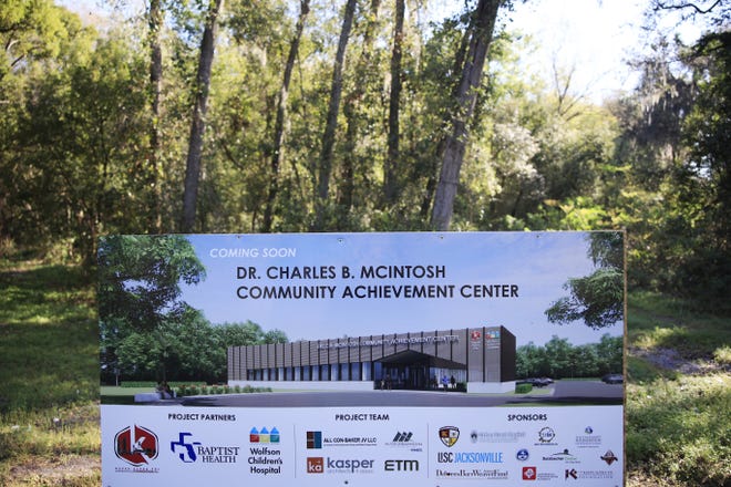 A sign signifying a future site of the Dr. Charles B. McIntosh Community Achievement Center is shown Monday, Feb. 27, 2023 at the Kappa Alpha Psi Fraternity, Inc. in Jacksonville, Fla. Kappa Alpha Psi Jacksonville Foundation, Inc. is partnering with Sulzbacher and Wolfson's Children's Hospital to build a community center and health facility at 3717 Moncrief Rd. W. They requested $500,000 from City Council. [Corey Perrine/Florida Times-Union]