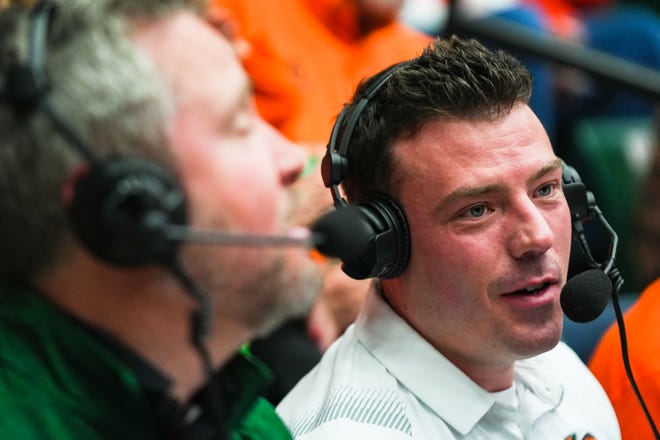 Adam Nigon calls a Colorado State men's basketball game against Wyoming alongside Brian Roth on Feb. 24 at Moby Arena in Fort Collins.