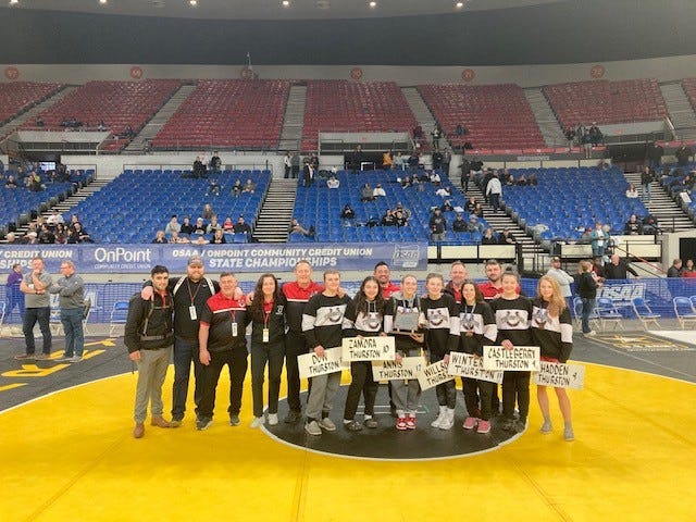 The Thurston boys and girls teams both placed second at the OSAA wrestling state championships at Veterans Memorial Coliseum in Portland on Feb. 26, 2023.