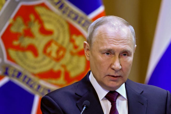 Russian President Vladimir Putin speaks at a Federal Security Service conference in Moscow on February 28, 2023.
