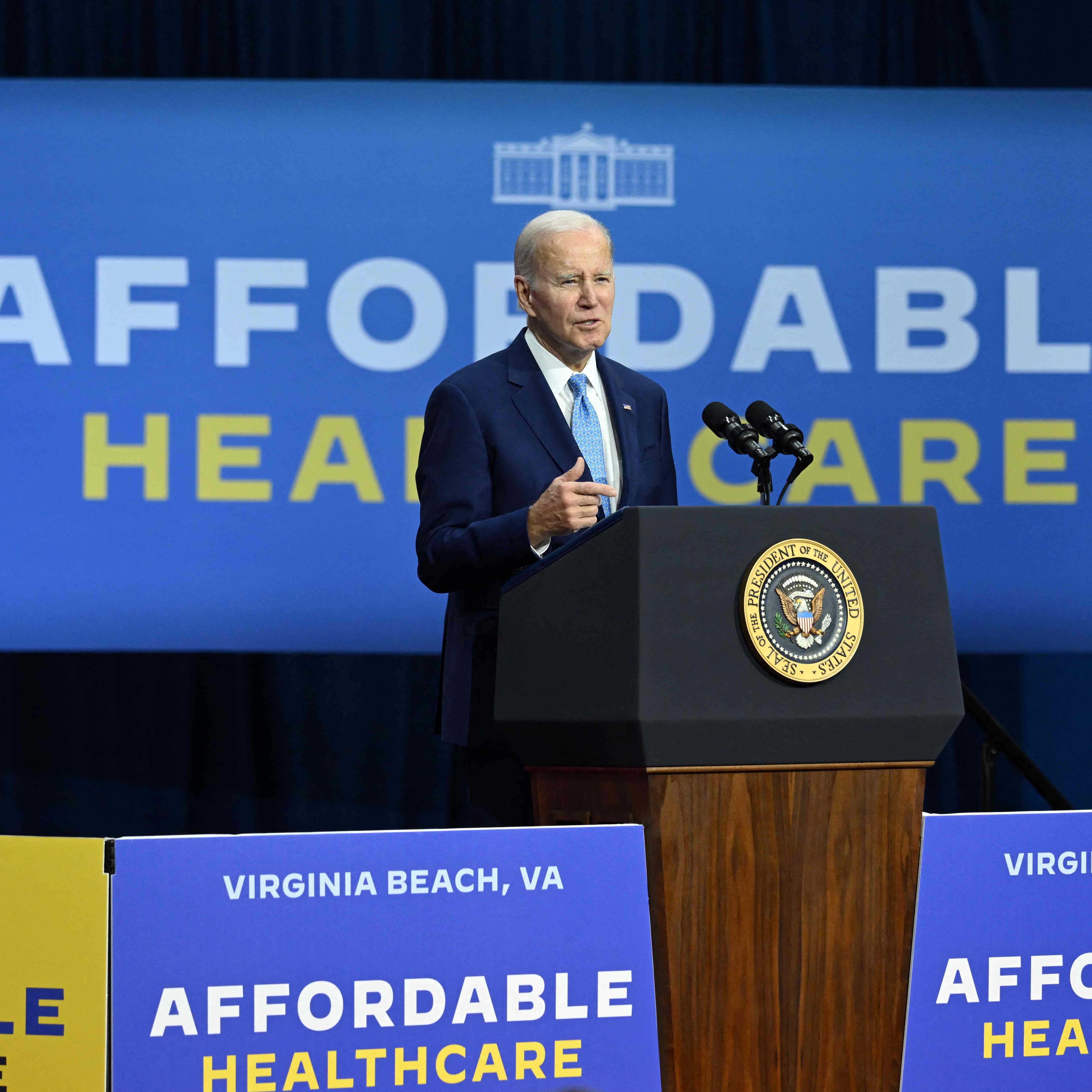 US President Joe Biden delivers remarks on his plan to protect Americans access to affordable health care in Virginia Beach, Virginia, on February 28, 2023. (Photo by SAUL LOEB / AFP) (Photo by SAUL LOEB/AFP via Getty Images) ORIG FILE ID: AFP_33AA2JQ.jpg